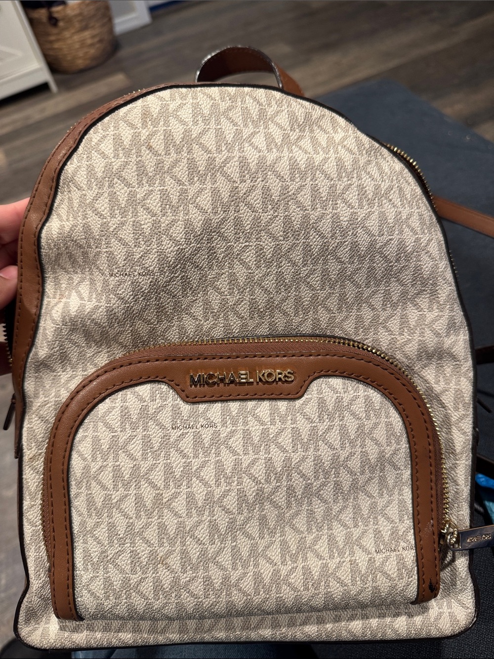 Michael Kors Beige Logo Backpack with Brown Leather Trim
